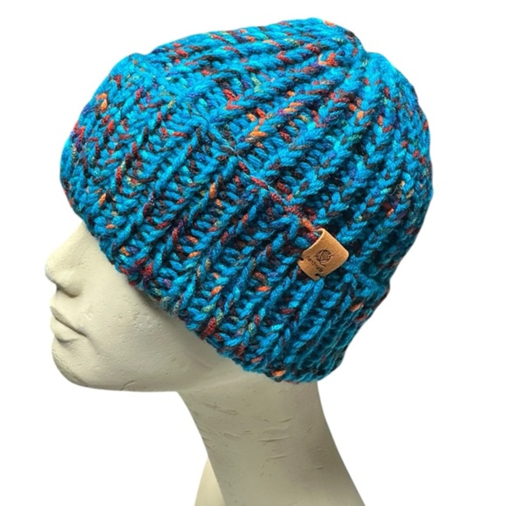 Handmade Chunky Knit Beanie Multicolor Speckled Blue Winter Fall Handcrafted Hat